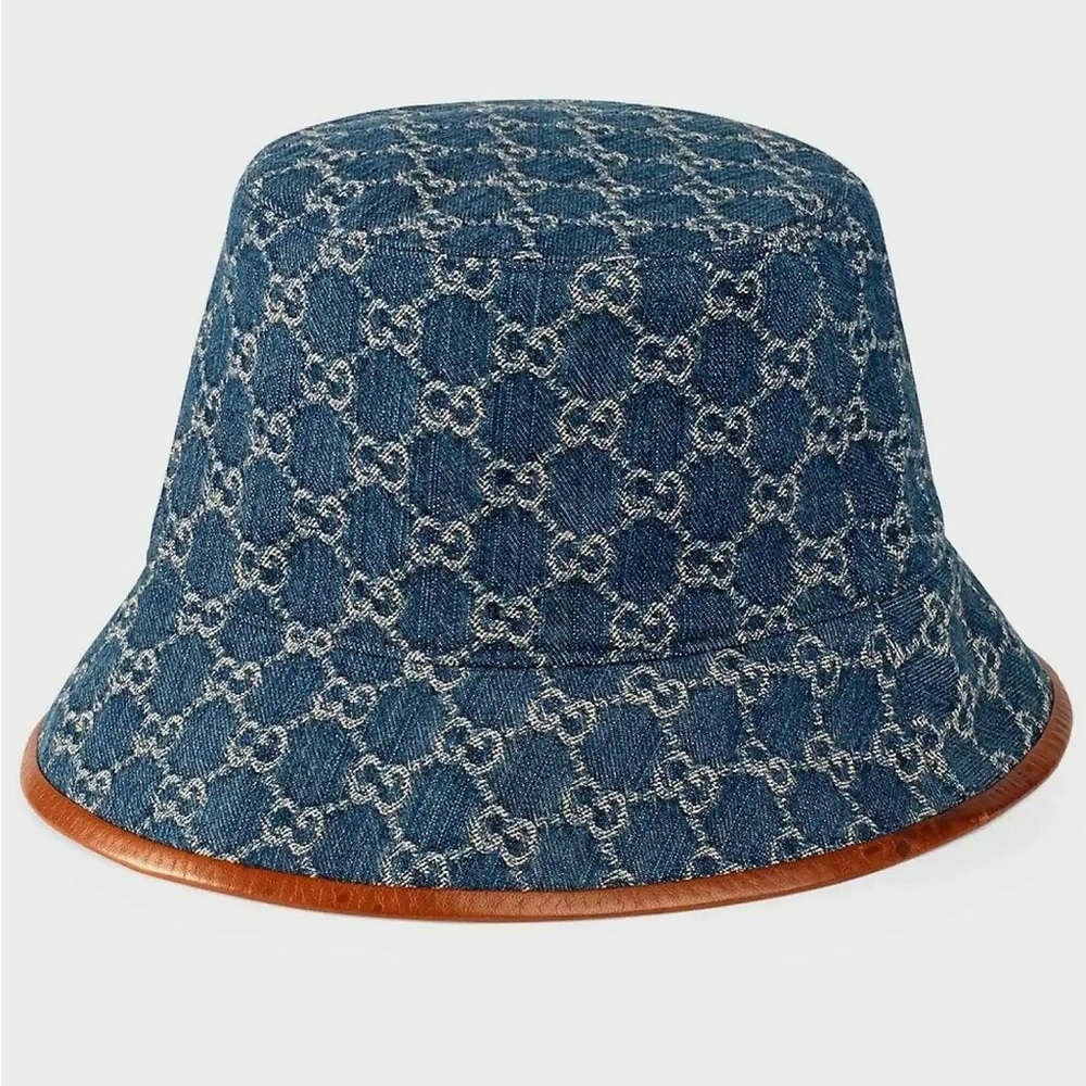 Denim Supreme Monogram Bucket Hat Stiff Navy Blue Canvas Brown Calf Leather Trim - Picture 6 of 13